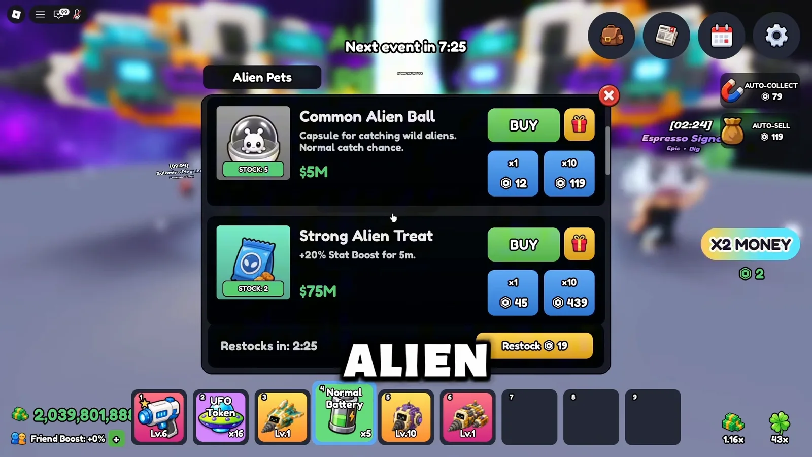 Mine a Planet roaming alien pet with catch prompt after fainting next to player holding an Alien Ball in the hotbar