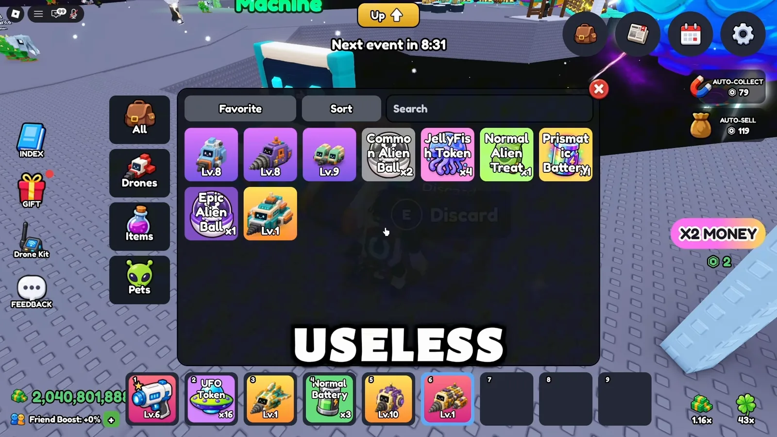 Mine a Planet inventory screen showing Epic Alien Drone selected next to the Discard trash bin in the hub