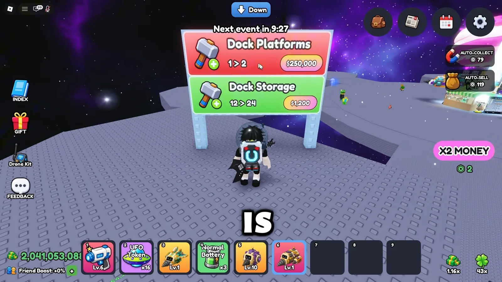 Mine a Planet early Dock Platforms upgrade sign showing level one to two with cash price next to Dock Storage level increase