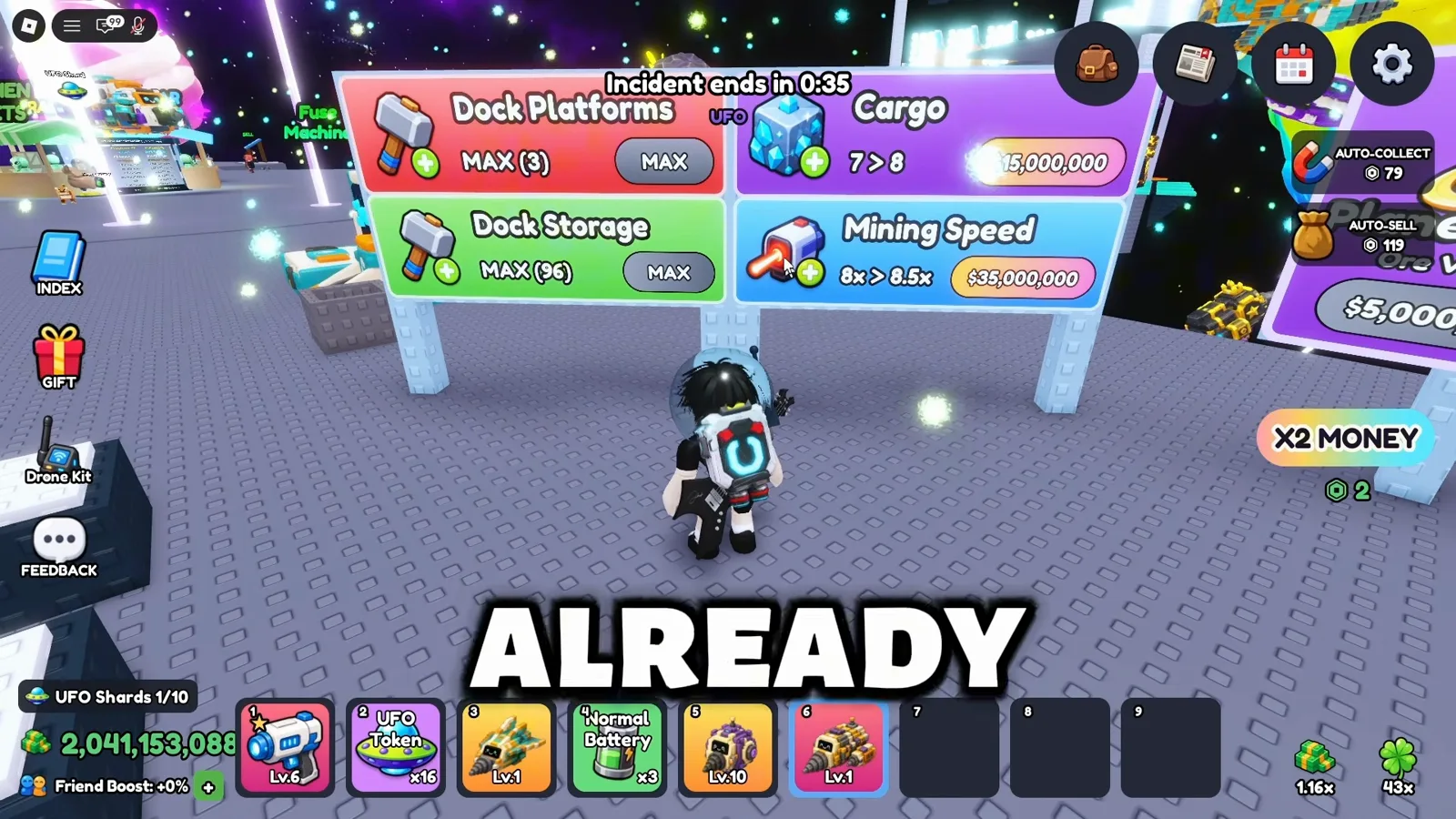 Mine a Planet Roblox dock upgrade boards showing Dock Platforms Cargo Dock Storage and Mining Speed with MAX labels and cash prices on yellow tags