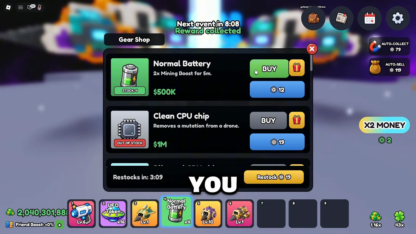 Mine a Planet Gear Shop menu listing Normal Battery two times mining boost and Clean CPU chip mutation remover with cash prices