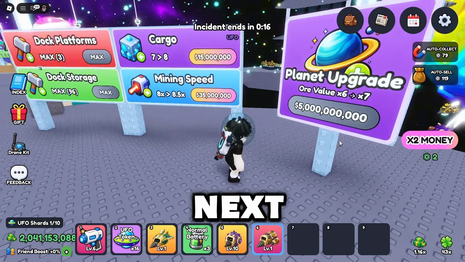 Mine a Planet Planet Upgrade sign showing Ore Value multiplier increase from x6 to x7 with a multi-billion cash price tag