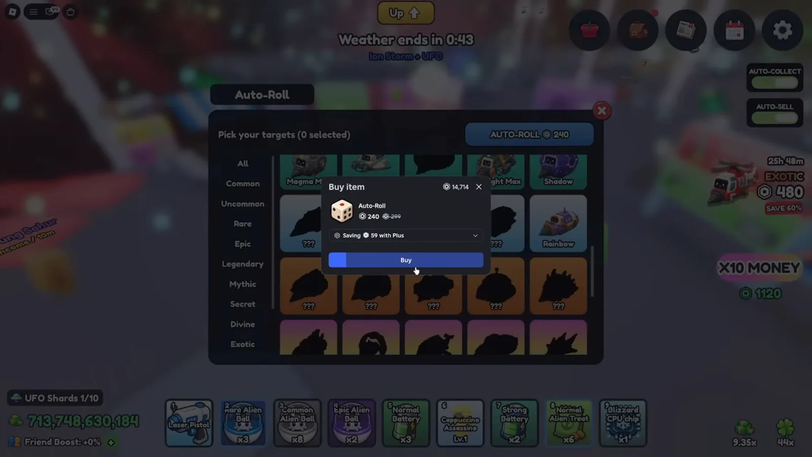 Roblox Auto Roll purchase confirmation displayed over the Mine a Planet target selection menu in the July gameplay recording. Roblox Auto Roll purchase confirmation displayed over the Mine a Planet target selection menu in the July gameplay recording.