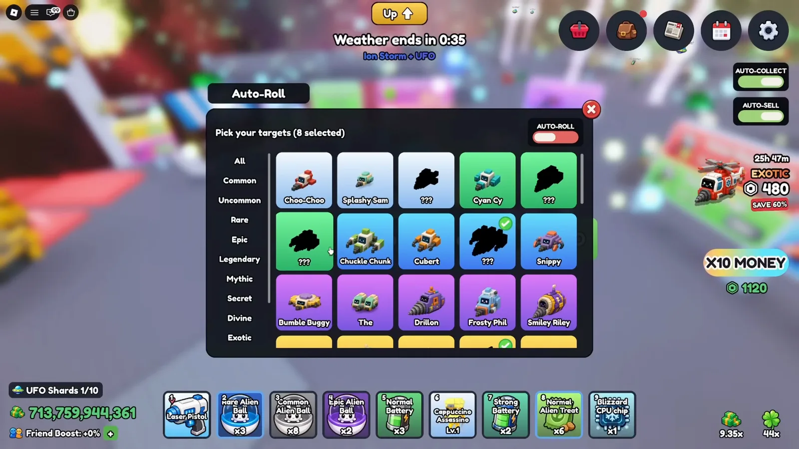 Mine a Planet Auto Roll menu showing Pick your targets, rarity filters and eight selected collection targets after the purchase. Mine a Planet Auto Roll menu showing Pick your targets, rarity filters and eight selected collection targets after the purchase.