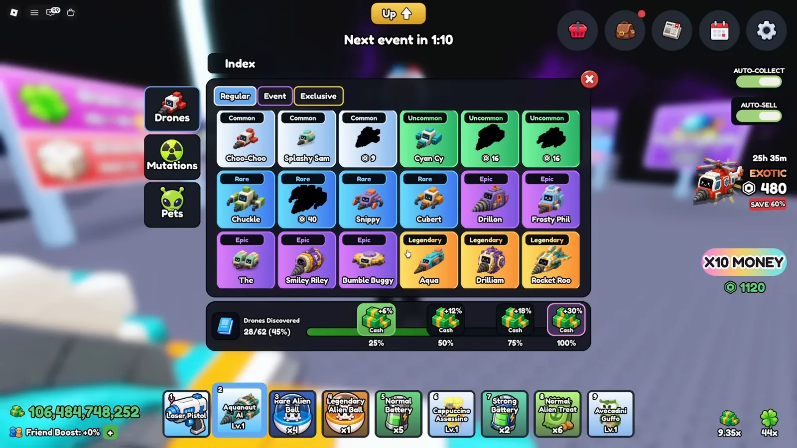 Mine a Planet Drone Index on the Regular tab with named cards, undiscovered silhouettes, Event and Exclusive filters and discovery rewards. Mine a Planet Drone Index on the Regular tab with named cards, undiscovered silhouettes, Event and Exclusive filters and discovery rewards.