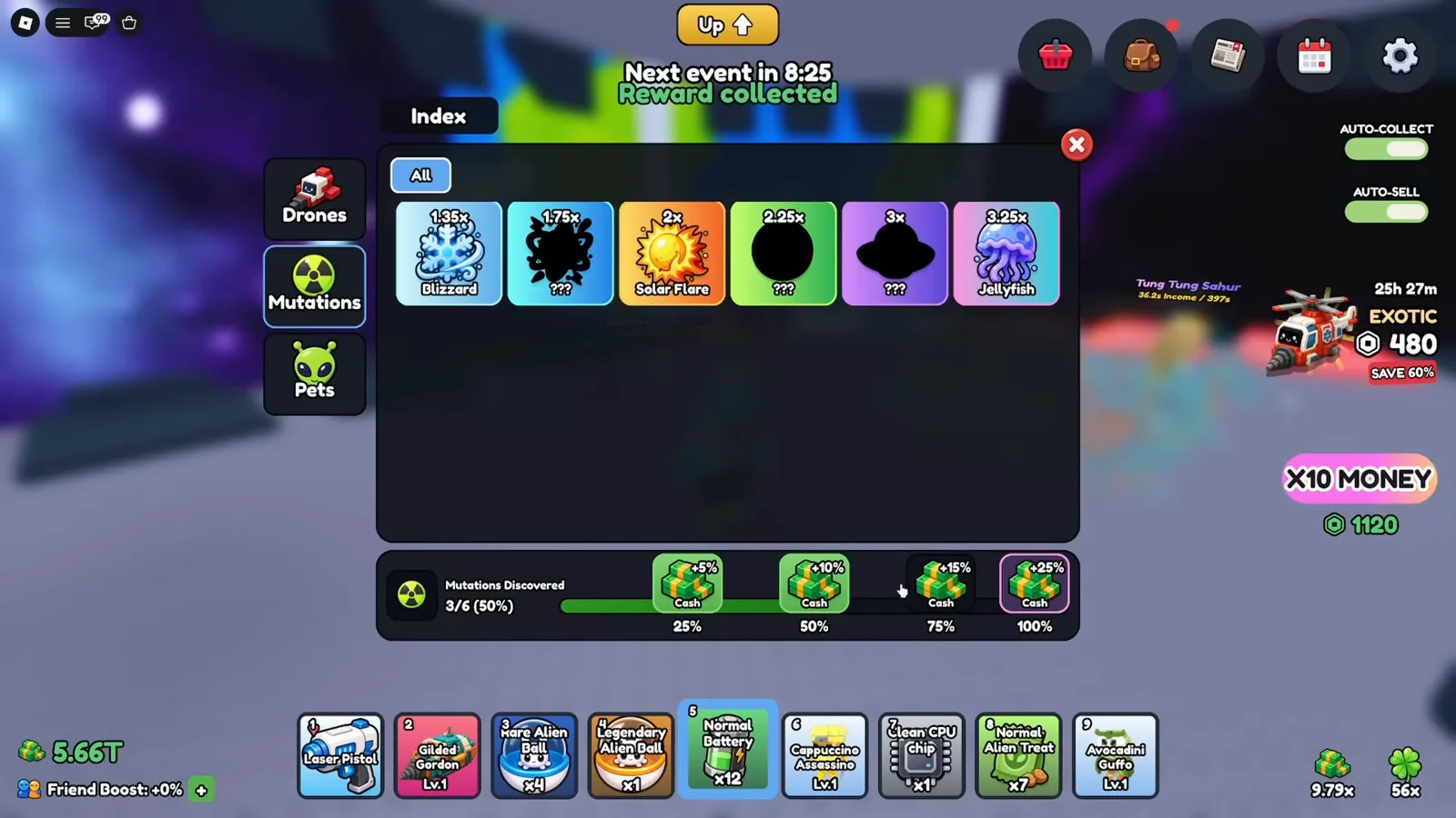 Mine a Planet Mutations Index showing discovered and hidden mutation cards, category tabs, milestone rewards and Reward collected confirmation. Mine a Planet Mutations Index showing discovered and hidden mutation cards, category tabs, milestone rewards and Reward collected confirmation.