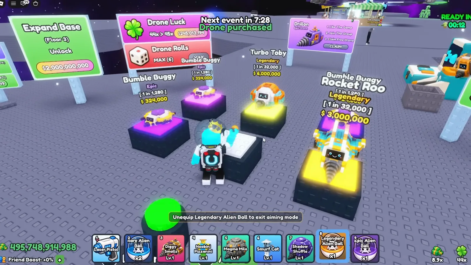 Drone Purchased confirmation above the Mine a Planet roll pedestals, with Rocket Roo still displayed as a cash-priced offer. Drone Purchased confirmation above the Mine a Planet roll pedestals, with Rocket Roo still displayed as a cash-priced offer.