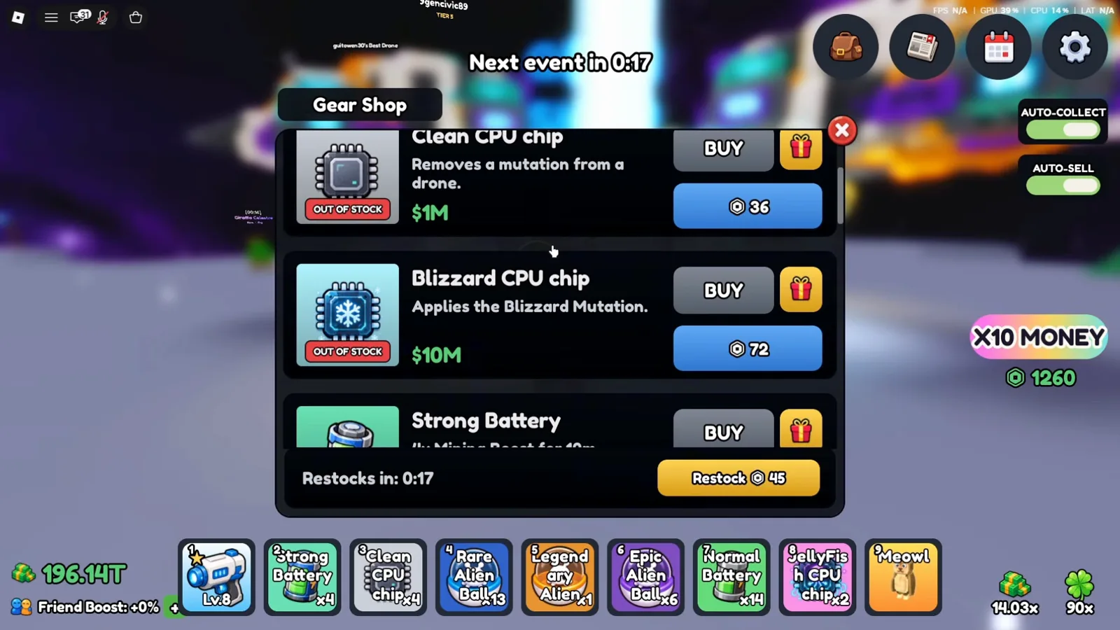 Inside the Mine a Planet Gear Shop, the Blizzard CPU chip row priced at $10M carries the description Applies the Blizzard Mutation and an OUT OF STOCK badge, sitting directly beneath a sold-out Clean CPU chip at $1M above a Restocks in 0:17 countdown. Inside the Mine a Planet Gear Shop, the Blizzard CPU chip row priced at $10M carries the description Applies the Blizzard Mutation and an OUT OF STOCK badge, sitting directly beneath a sold-out Clean CPU chip at $1M above a Restocks in 0:17 countdown.