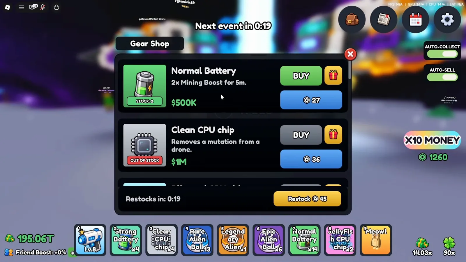 Mine a Planet Gear Shop panel listing Normal Battery at STOCK 2 for $500K above a sold-out Clean CPU chip priced at $1M, with a Restocks in 0:19 progress bar and a Restock 45 button running along the bottom of the whole shop window. Mine a Planet Gear Shop panel listing Normal Battery at STOCK 2 for $500K above a sold-out Clean CPU chip priced at $1M, with a Restocks in 0:19 progress bar and a Restock 45 button running along the bottom of the whole shop window.