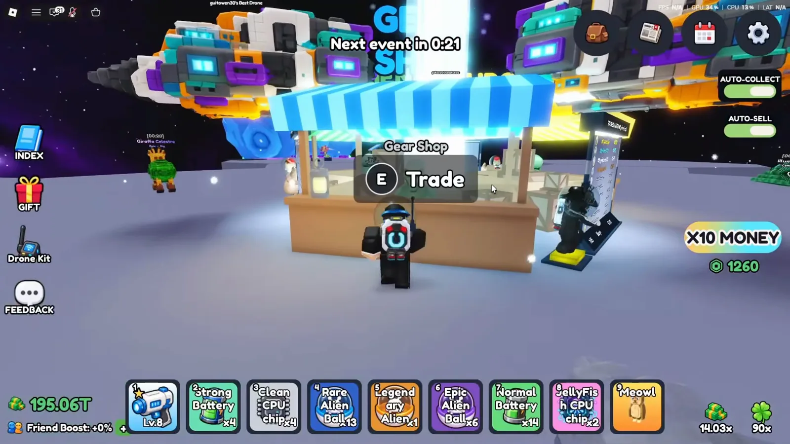 Wide view of the space base platform in Roblox Mine a Planet, where the striped-awning Gear Shop stall shows an E Trade prompt in front of the player, while Clean CPU chip and JellyFish CPU chip sit in the numbered hotbar along the bottom edge. Wide view of the space base platform in Roblox Mine a Planet, where the striped-awning Gear Shop stall shows an E Trade prompt in front of the player, while Clean CPU chip and JellyFish CPU chip sit in the numbered hotbar along the bottom edge.