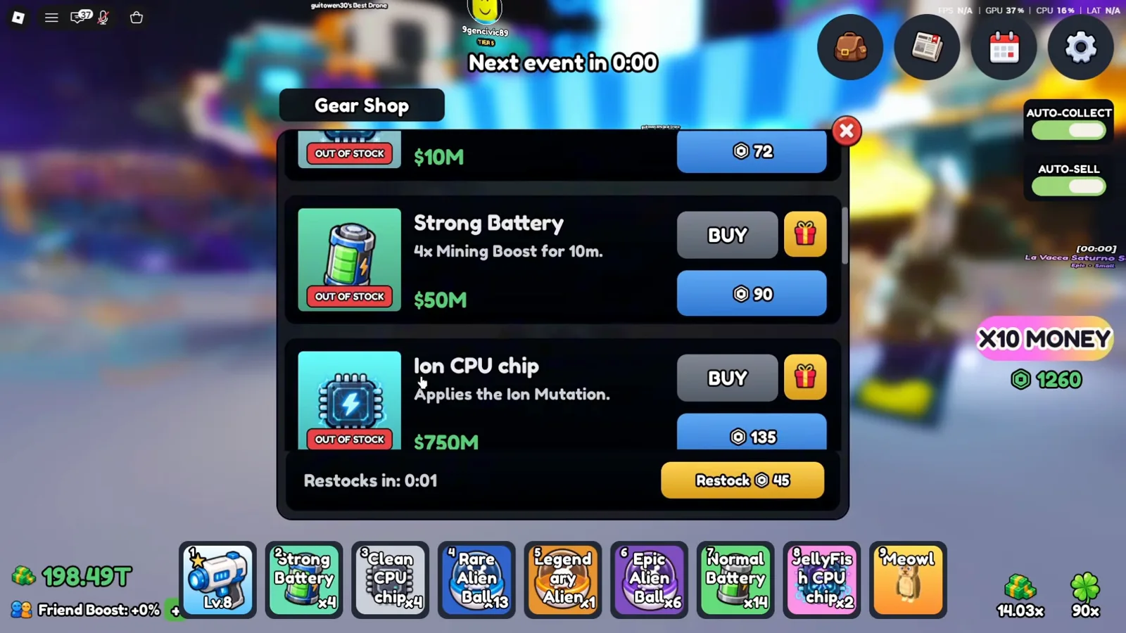 Mine a Planet Gear Shop scrolled to the Ion CPU chip row, which reads Applies the Ion Mutation at a $750M cash price with a 135 token alternative and an OUT OF STOCK badge, below a Strong Battery line and beside a Restocks in 0:01 bar. Mine a Planet Gear Shop scrolled to the Ion CPU chip row, which reads Applies the Ion Mutation at a $750M cash price with a 135 token alternative and an OUT OF STOCK badge, below a Strong Battery line and beside a Restocks in 0:01 bar.