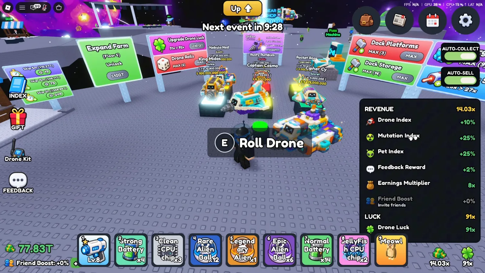 The REVENUE panel on the right of the Mine a Planet HUD lists a Mutation Index bonus of +25% alongside Drone Index +10% and Pet Index +25%, all folding into a 14.03x total multiplier above an E Roll Drone prompt on the base platform. The REVENUE panel on the right of the Mine a Planet HUD lists a Mutation Index bonus of +25% alongside Drone Index +10% and Pet Index +25%, all folding into a 14.03x total multiplier above an E Roll Drone prompt on the base platform.