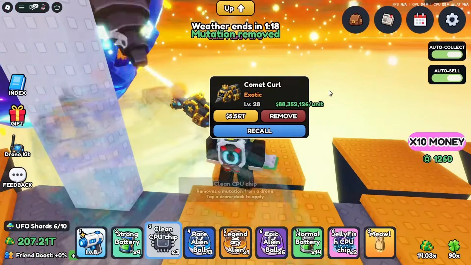 After tapping the dock, Mine a Planet floats a green Mutation removed banner and the same Exotic Comet Curl card now reads $88,352,126 per unit with the Ion tag gone, while the selected Clean CPU chip stack in the hotbar dropped from x4 to x3. After tapping the dock, Mine a Planet floats a green Mutation removed banner and the same Exotic Comet Curl card now reads $88,352,126 per unit with the Ion tag gone, while the selected Clean CPU chip stack in the hotbar dropped from x4 to x3.