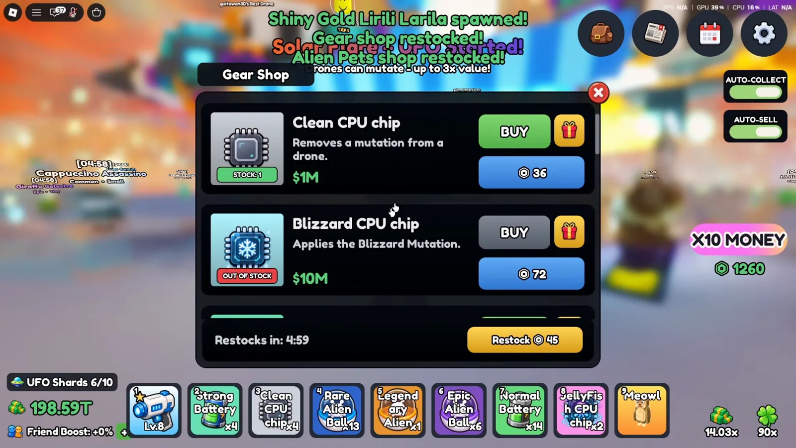 Mine a Planet Gear Shop panel where stacked top banners announce Solar Flare + UFO Started!, Gear shop restocked! and Drones can mutate - up to 3x value!, while Clean CPU chip shows STOCK 1, Blizzard CPU chip reads OUT OF STOCK, above a Restocks in 4:59 bar. Mine a Planet Gear Shop panel where stacked top banners announce Solar Flare + UFO Started!, Gear shop restocked! and Drones can mutate - up to 3x value!, while Clean CPU chip shows STOCK 1, Blizzard CPU chip reads OUT OF STOCK, above a Restocks in 4:59 bar.