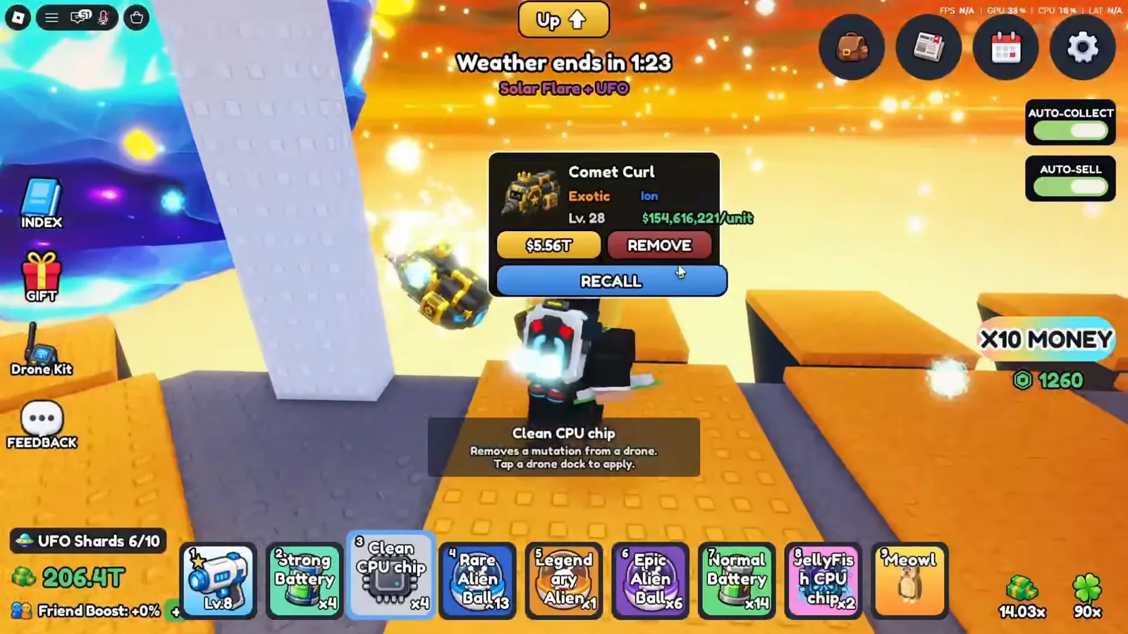 A Mine a Planet drone card for an Exotic Comet Curl tagged with the Ion mutation shows $154,616,221 per unit with REMOVE and RECALL buttons, while the Clean CPU chip is selected in the hotbar and its tooltip reads Tap a drone dock to apply. A Mine a Planet drone card for an Exotic Comet Curl tagged with the Ion mutation shows $154,616,221 per unit with REMOVE and RECALL buttons, while the Clean CPU chip is selected in the hotbar and its tooltip reads Tap a drone dock to apply.