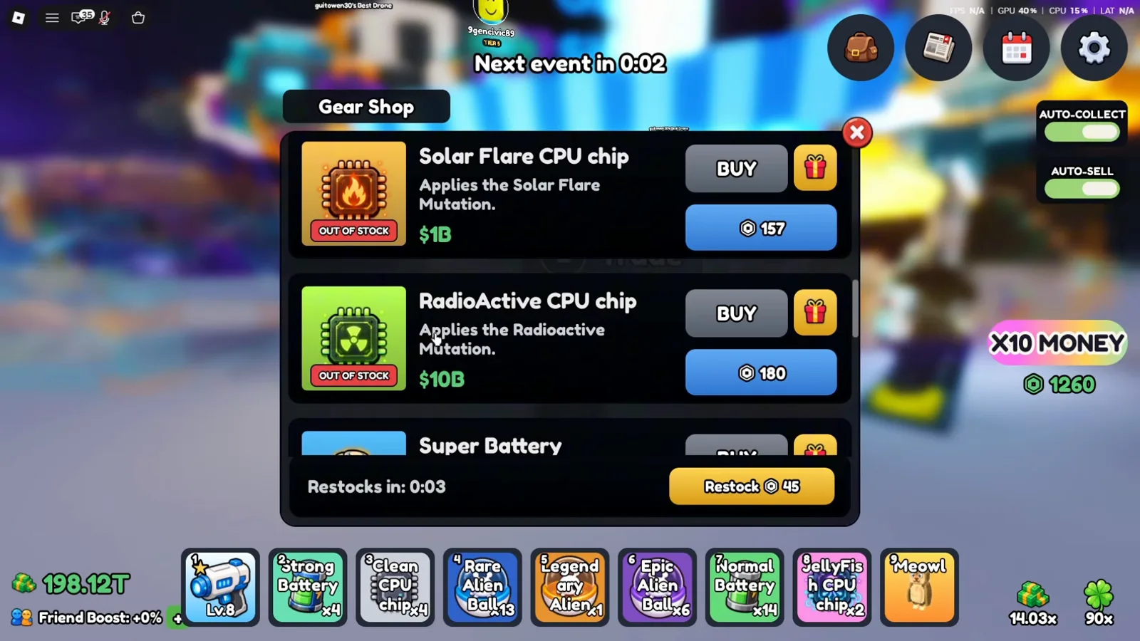 Two billion-tier mutation chips appear together in the Mine a Planet Gear Shop: the Solar Flare CPU chip at $1B and the RadioActive CPU chip at $10B, each marked OUT OF STOCK, above a Restocks in 0:03 countdown and a partly visible Super Battery row. Two billion-tier mutation chips appear together in the Mine a Planet Gear Shop: the Solar Flare CPU chip at $1B and the RadioActive CPU chip at $10B, each marked OUT OF STOCK, above a Restocks in 0:03 countdown and a partly visible Super Battery row.