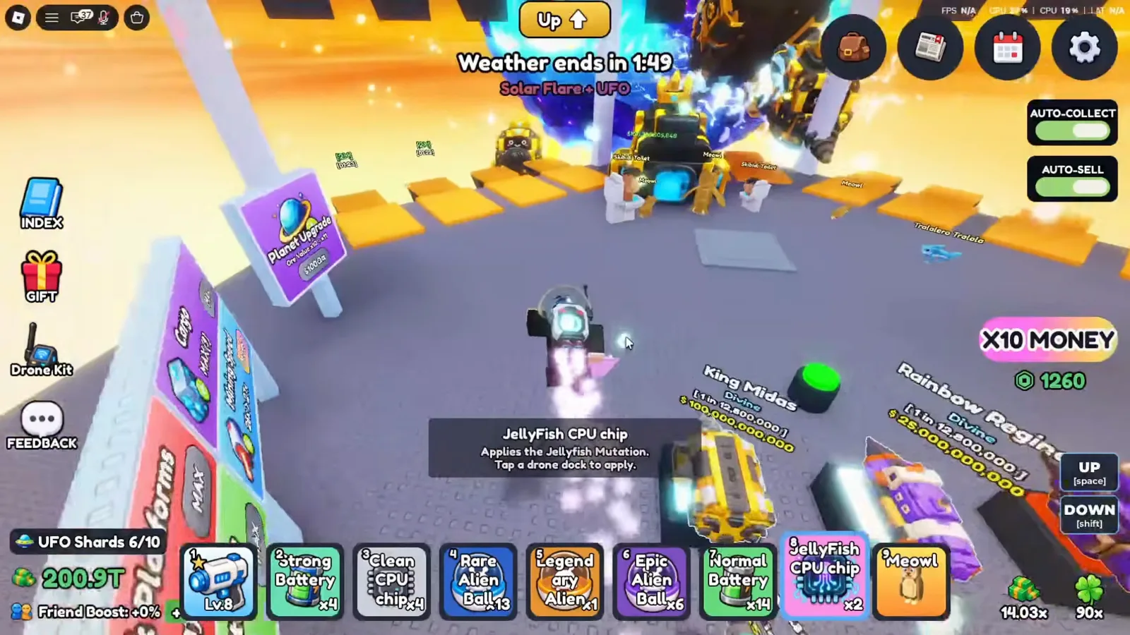 Hovering JellyFish CPU chip in a Mine a Planet hotbar opens the tooltip Tap a drone dock to apply under a Weather ends in 1:49 Solar Flare plus UFO HUD line Hovering JellyFish CPU chip in a Mine a Planet hotbar opens the tooltip Tap a drone dock to apply under a Weather ends in 1:49 Solar Flare plus UFO HUD line