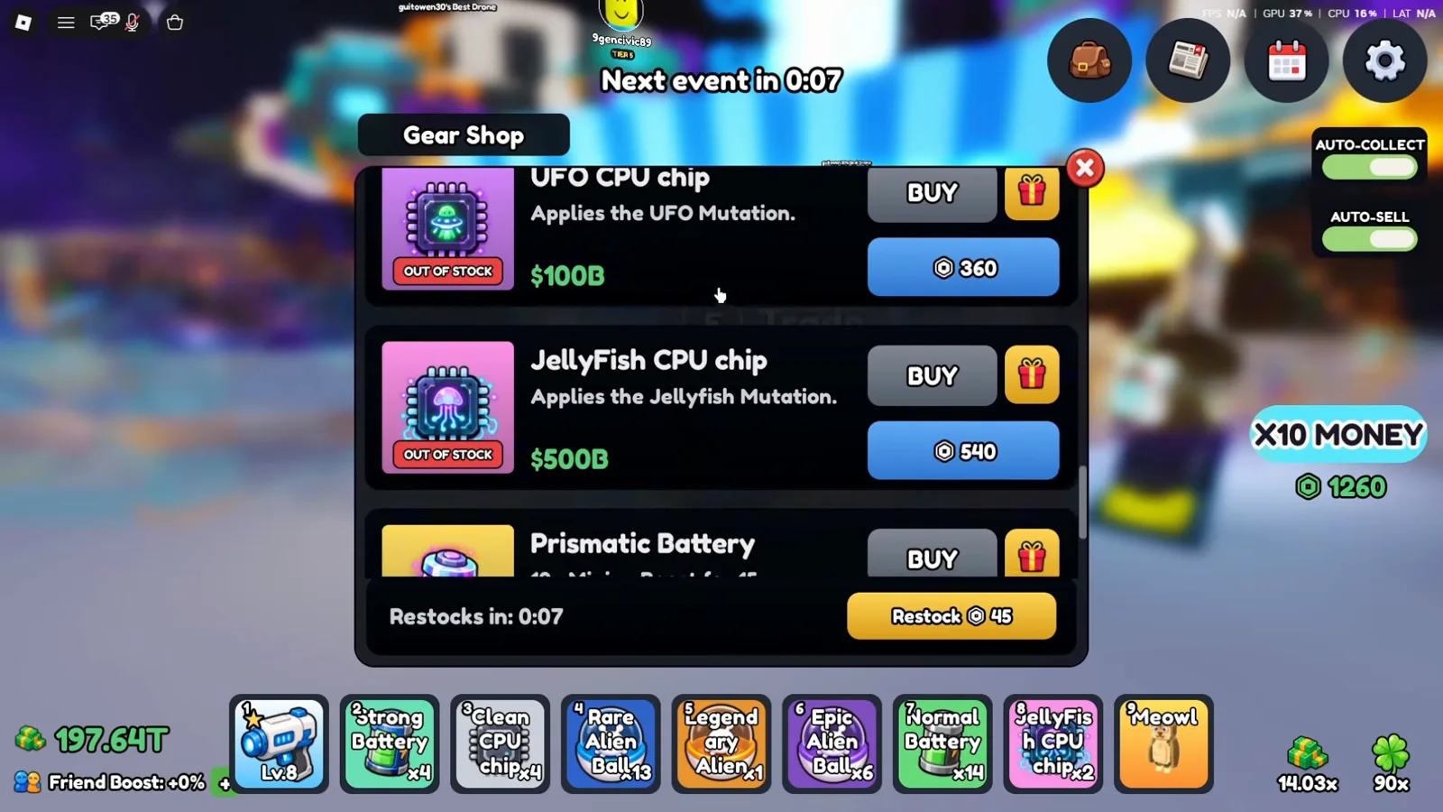 Screenshot of the Mine a Planet Gear Shop where UFO CPU chip costs $100B and JellyFish CPU chip costs $500B, each with an OUT OF STOCK badge on the icon Screenshot of the Mine a Planet Gear Shop where UFO CPU chip costs $100B and JellyFish CPU chip costs $500B, each with an OUT OF STOCK badge on the icon