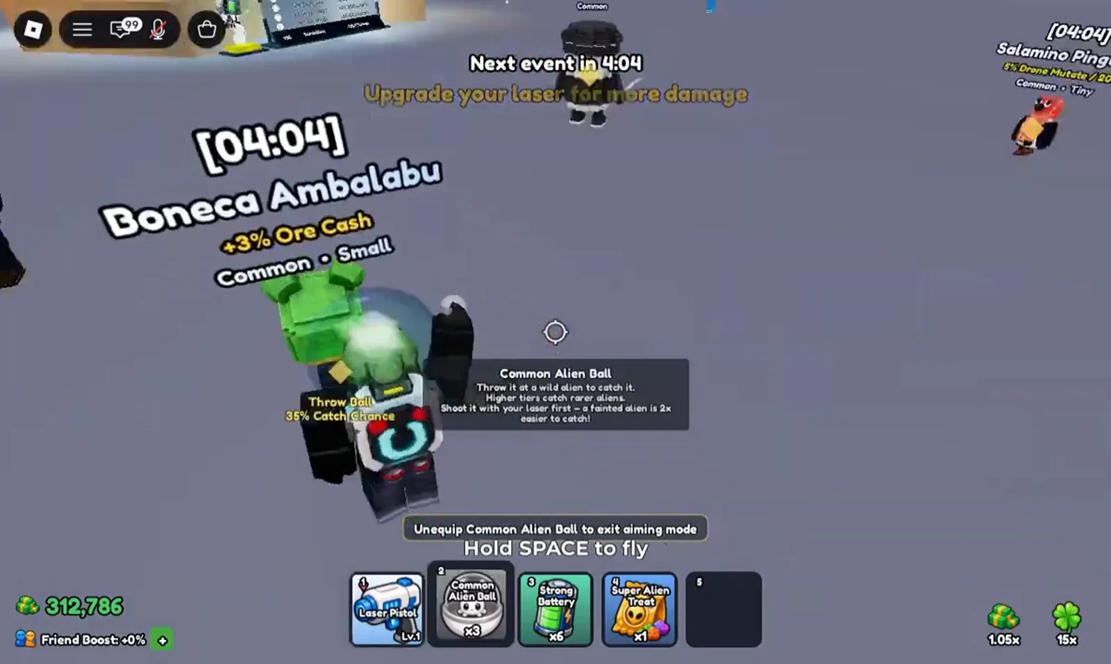 Mine a Planet Common Alien Ball tooltip explaining that higher tiers catch rarer aliens and a fainted alien is 2x easier to catch, with the ball highlighted at x3 in the hotbar.