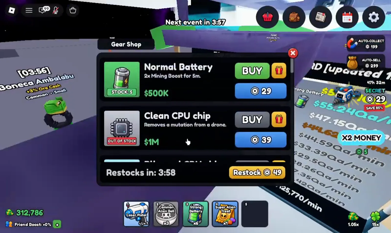 Mine a Planet Gear Shop panel listing Normal Battery at STOCK 5 for $500K and a sold-out Clean CPU chip at $1M above a Restocks in 3:58 bar with a 49-token Restock button.