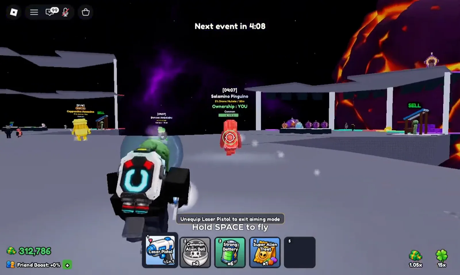 Mine a Planet nameplate for Salamino Pinguino showing a green 121-of-131 HP bar under an Ownership : YOU tag while the locked crosshair keeps firing the Laser Pistol.