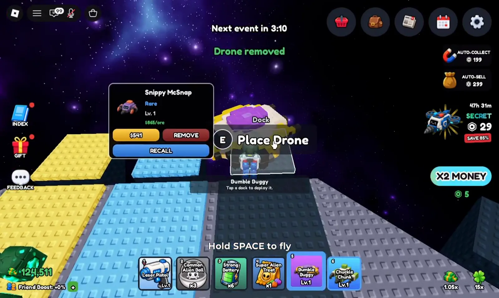 Mine a Planet dock screen combining a Drone removed banner, the E Place Drone prompt and the Snippy McSnap Rare drone card with its $541, REMOVE and RECALL buttons.