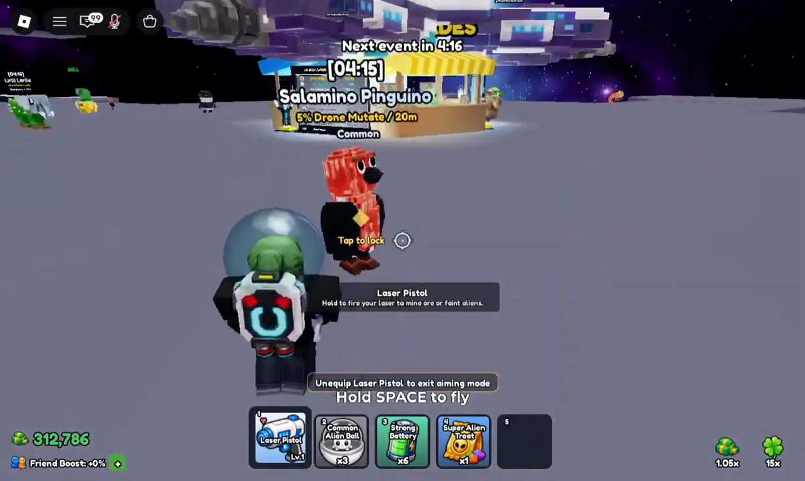 Mine a Planet player aiming the Laser Pistol crosshair at the wild alien Salamino Pinguino, whose nameplate shows a 04:15 countdown, the trait 5% Drone Mutate / 20m and Common rarity.