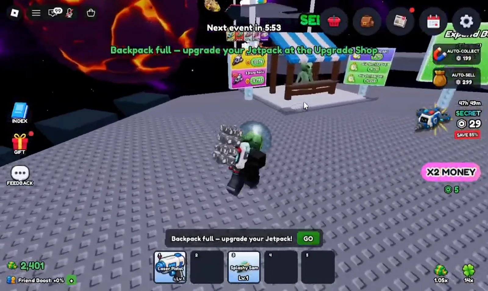 An astronaut player hauls a stack of ore on their back through a Mine a Planet market while a banner reads Backpack full – upgrade your Jetpack at the Upgrade Shop, next to the blue-awning SELL stall and drone pack boards.