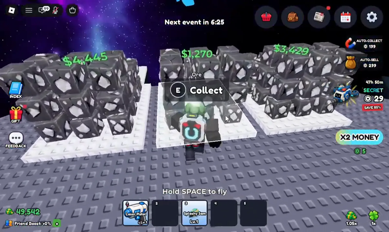 Three white Mine a Planet drone docks hold ore piles labelled $4,445, $1,270 and $3,429 in green text, with an E Collect prompt and an Ore tag over the middle pile.