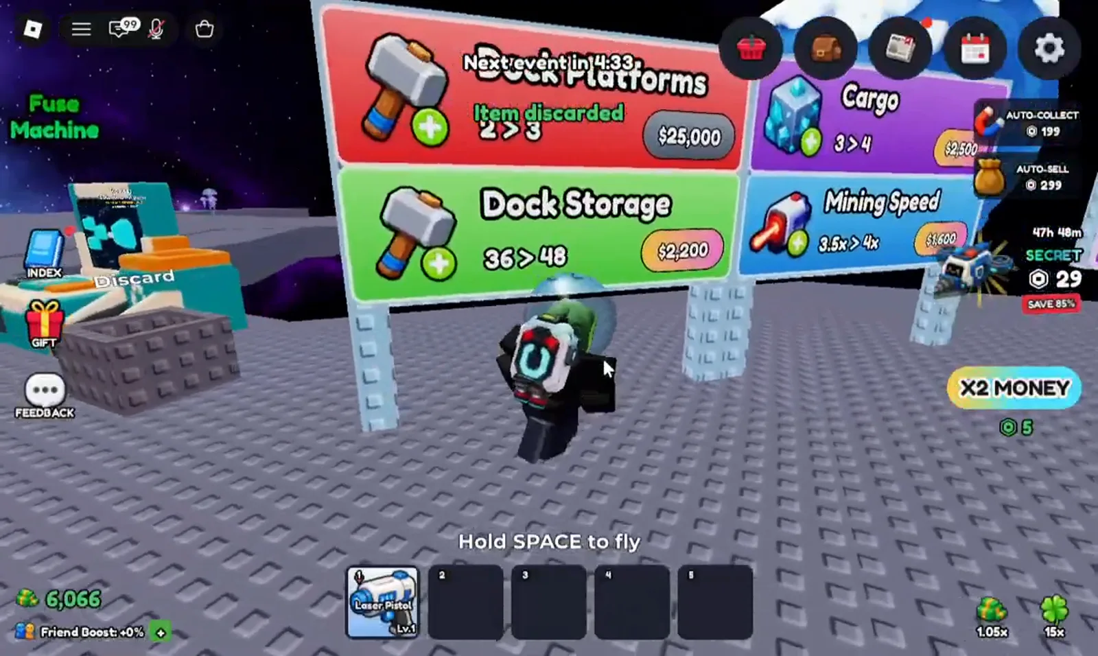 A Mine a Planet upgrade board shows four hammer-topped tiles side by side: Dock Platforms 2 > 3 for $25,000, Dock Storage 36 > 48 for $2,200, Cargo 3 > 4 for $2,500 and Mining Speed 3.5x > 4x for $1,600, with an Item discarded toast overlapping the board.