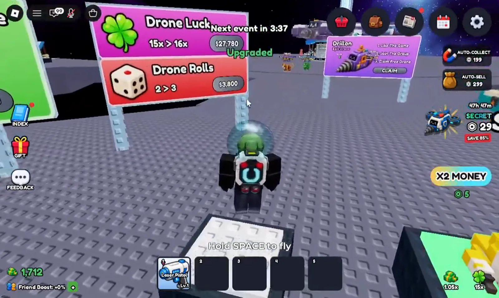 The Mine a Planet Drone Luck sign now reads 15x > 16x for $27,780 under a green Upgraded toast, with the Drone Rolls sign offering 2 > 3 for $3,800 and the corner luck badge showing 15x.