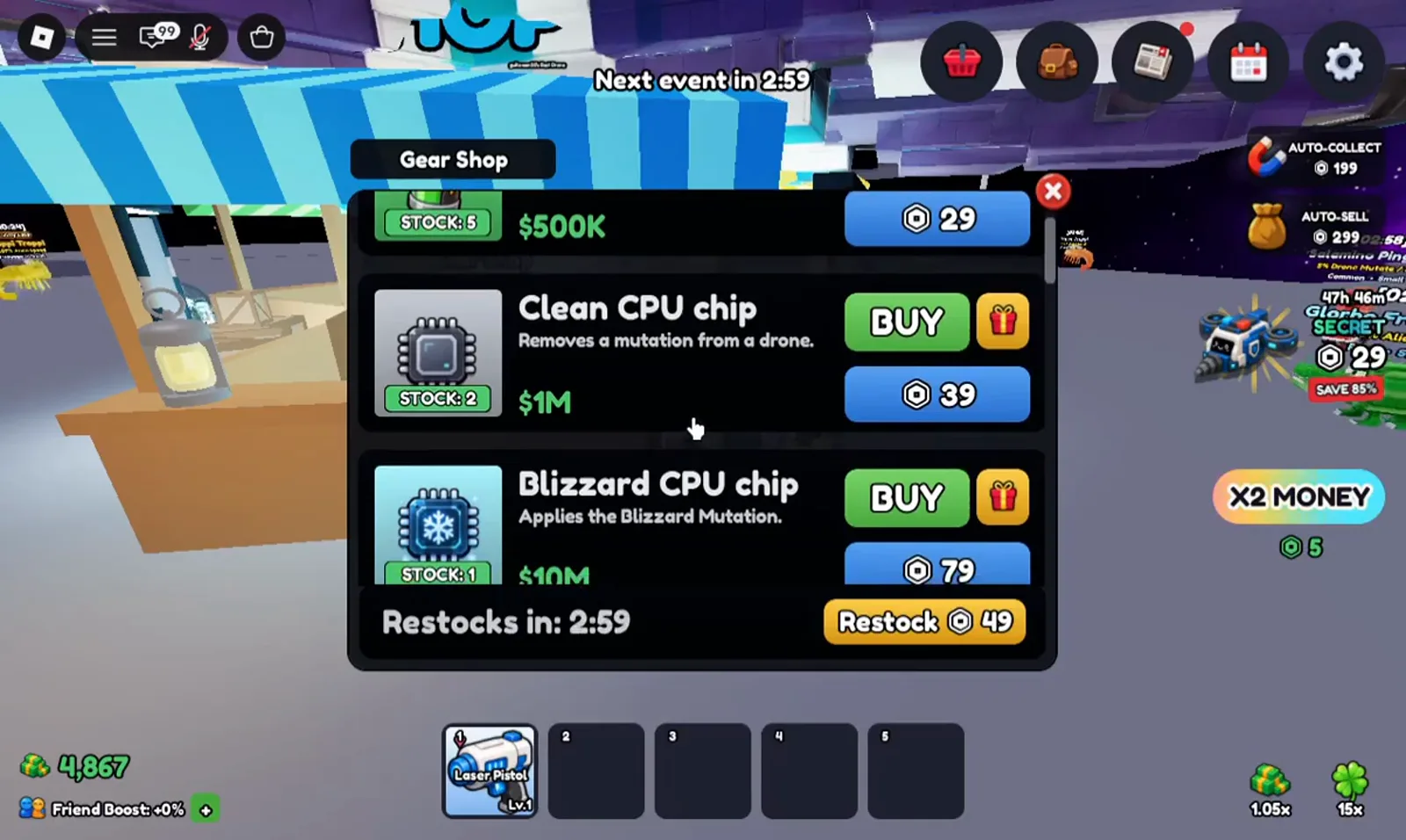 The Mine a Planet Gear Shop panel lists Clean CPU chip at $1M with STOCK: 2 and Blizzard CPU chip at $10M with STOCK: 1, each row paired with a blue token price, above a Restocks in: 2:59 bar and a Restock button costing 49 tokens.