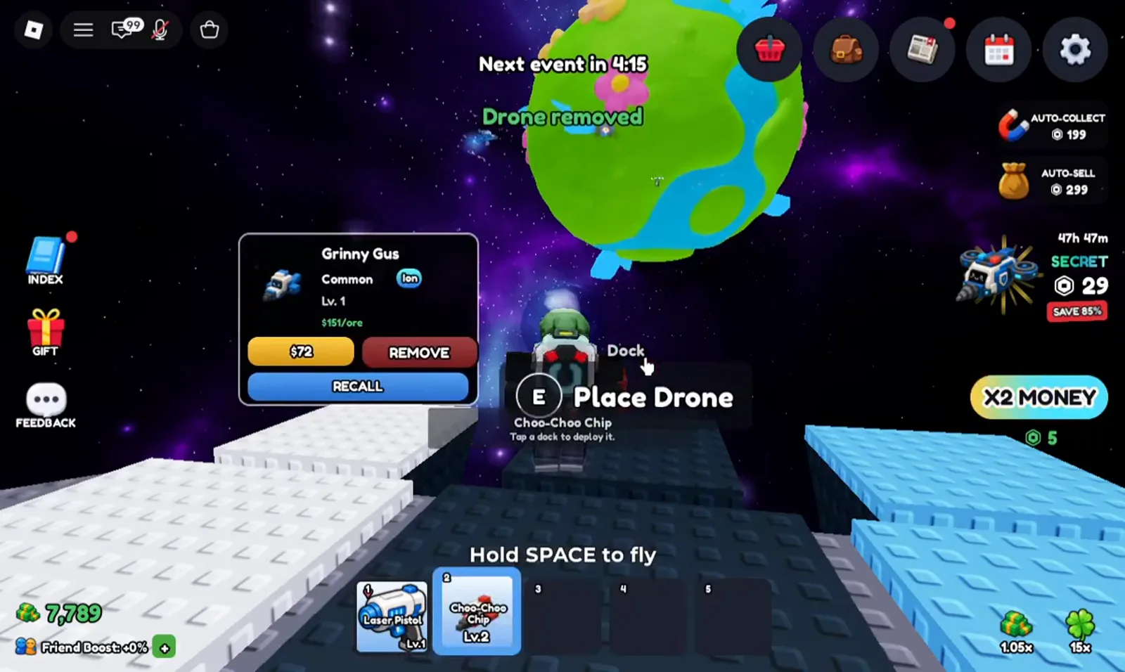 Mine a Planet's E Place Drone prompt glows on a dock while the held Choo-Choo Chip tooltip says Tap a dock to deploy it, the Grinny Gus drone card lists Common, Lv. 1, $151/ore with $72, REMOVE and RECALL buttons, and a green Drone removed toast floats above.
