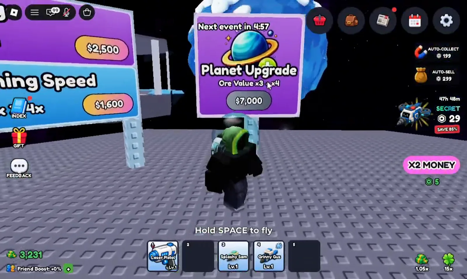 Mine a Planet's purple Planet Upgrade sign reads Ore Value x3 > x4 with a $7,000 price tag beneath a ringed-planet icon, while the tail end of the Mining Speed sign peeks in from the left edge.