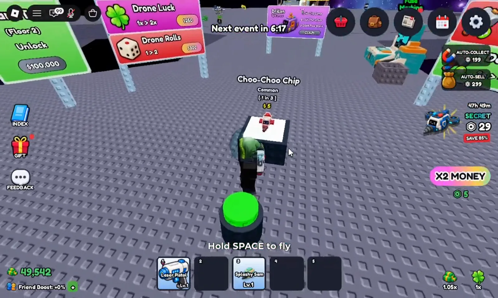 The Mine a Planet roll station pairs a pink Drone Luck sign reading 1x > 2x for $250 with a red Drone Rolls sign reading 1 > 2 for $300 above a big green roll button, while a rolled Choo-Choo Chip marked Common, 1 in 3, $5 waits on a pedestal.