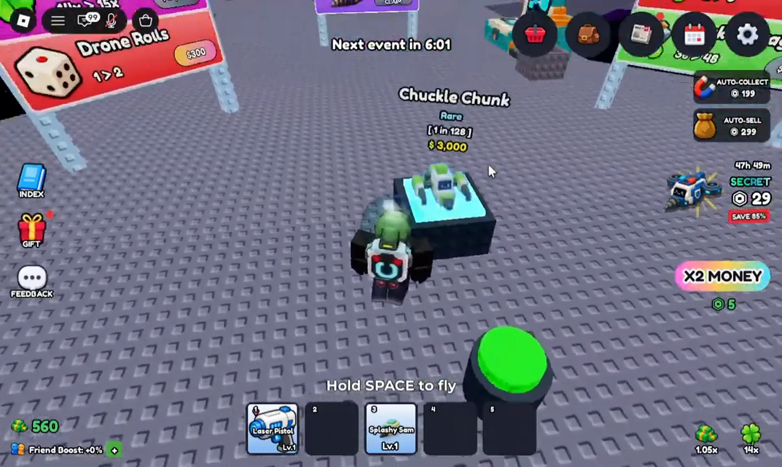 A Mine a Planet roll result displays the Chuckle Chunk drone on a glowing cyan pedestal labelled Rare with odds of 1 in 128 and a $3,000 figure, the Drone Rolls 1 > 2 $300 sign still visible in the corner.