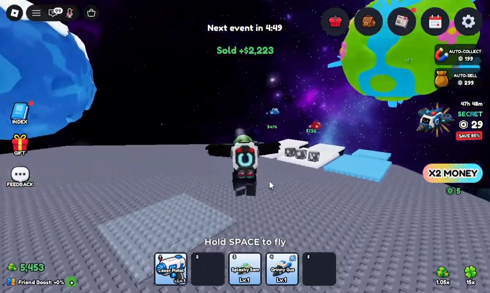 A green Sold +$2,223 toast hangs beneath Mine a Planet's event countdown while two ore piles labelled $476 and $136 wait on white docks behind the astronaut player.