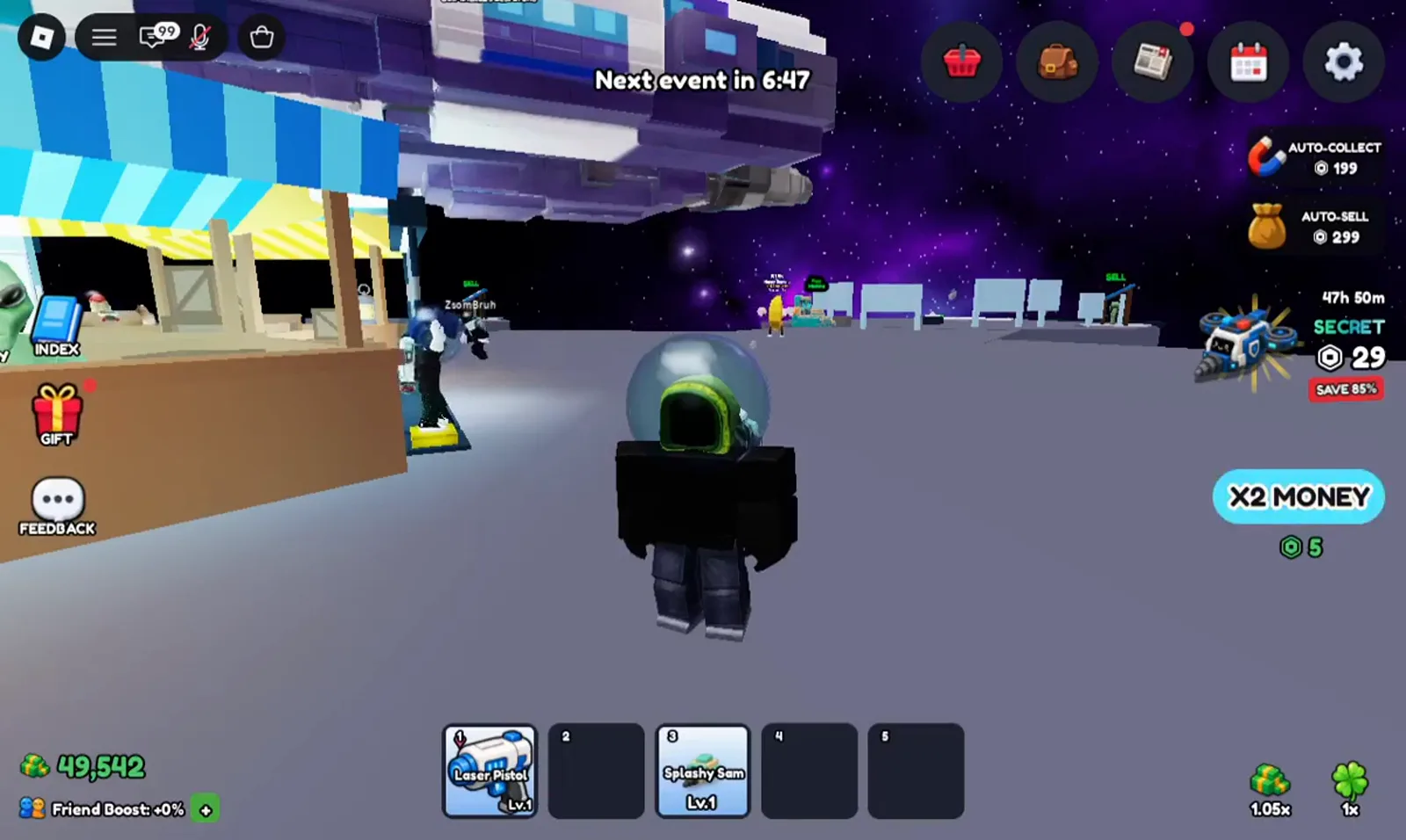 Mine a Planet spawns you on a hub platform with the INDEX book button on the left rail, a hotbar holding Laser Pistol Lv. 1 and the Splashy Sam drone, a cash counter reading 49,542, SELL stalls ahead and Next event in 6:47 at the top of the screen.