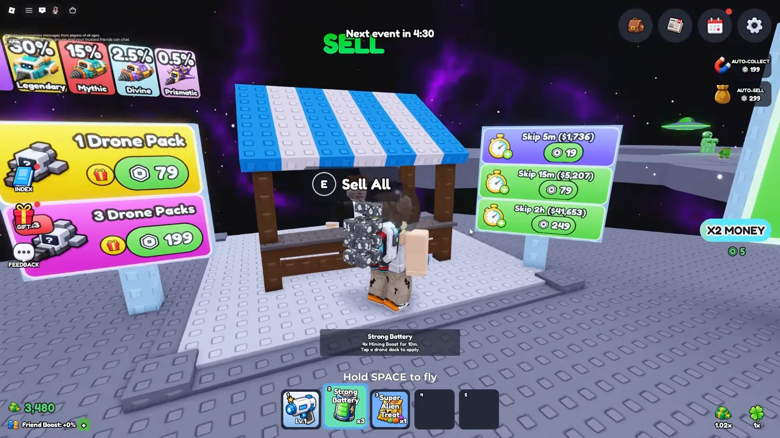Mine a Planet hotbar showing Strong Battery times three and Super Alien Treat times one after successful code redemptions