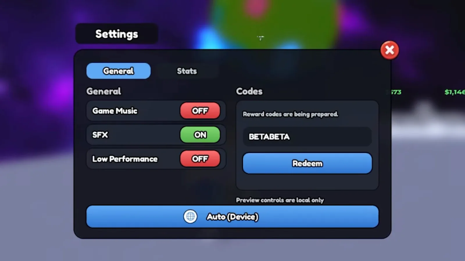 Mine a Planet Settings Codes input showing BETABETA typed before clicking Redeem for the Super Alien Treat reward