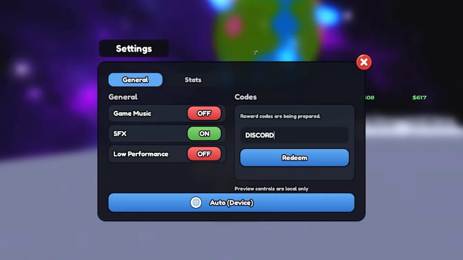 Mine a Planet Settings Codes box with DISCORD typed in the redeem field before pressing the blue Redeem button