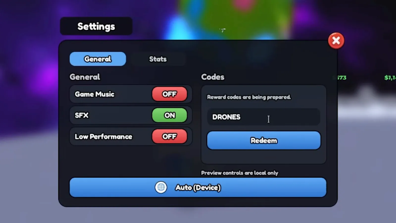 Mine a Planet code box with DRONES entered in the Settings General tab Codes field above the Redeem button