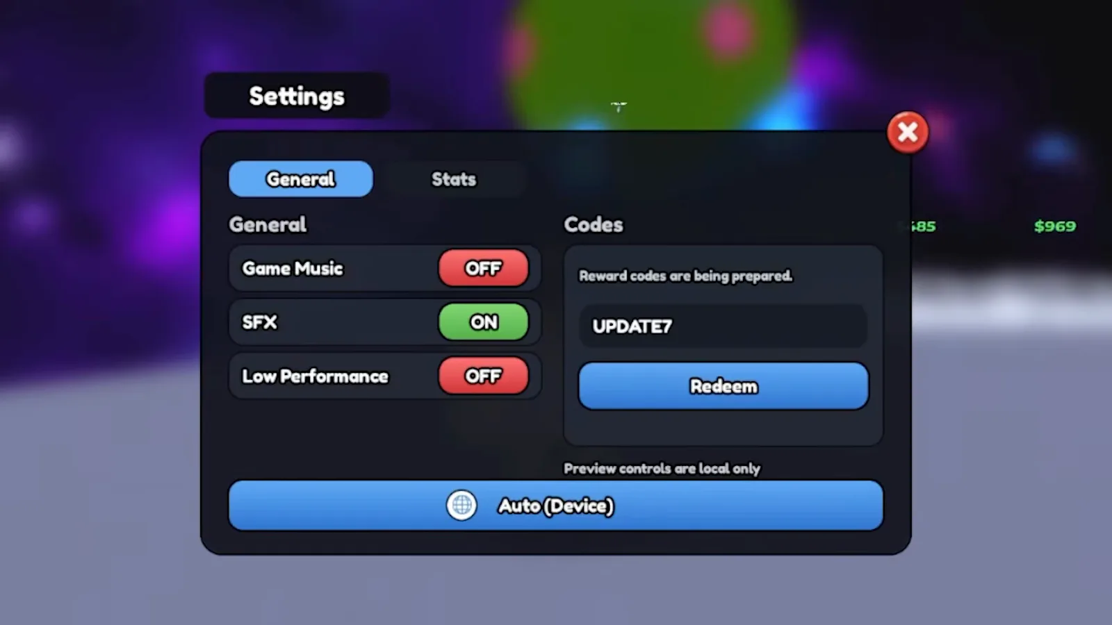 Mine a Planet code redemption screen with UPDATE7 entered in the Settings Codes text box ready to redeem