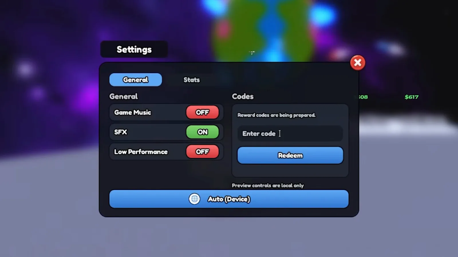 Mine a Planet Settings menu General tab showing empty Codes input field and blue Redeem button on the right side