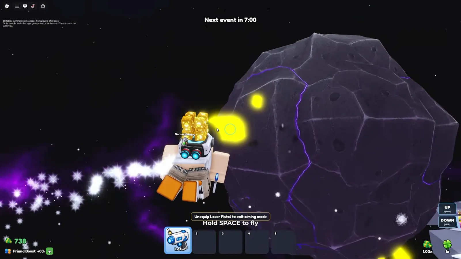 Mine a Planet Roblox HUD with the Settings gear icon highlighted on the right-side vertical menu above flight controls