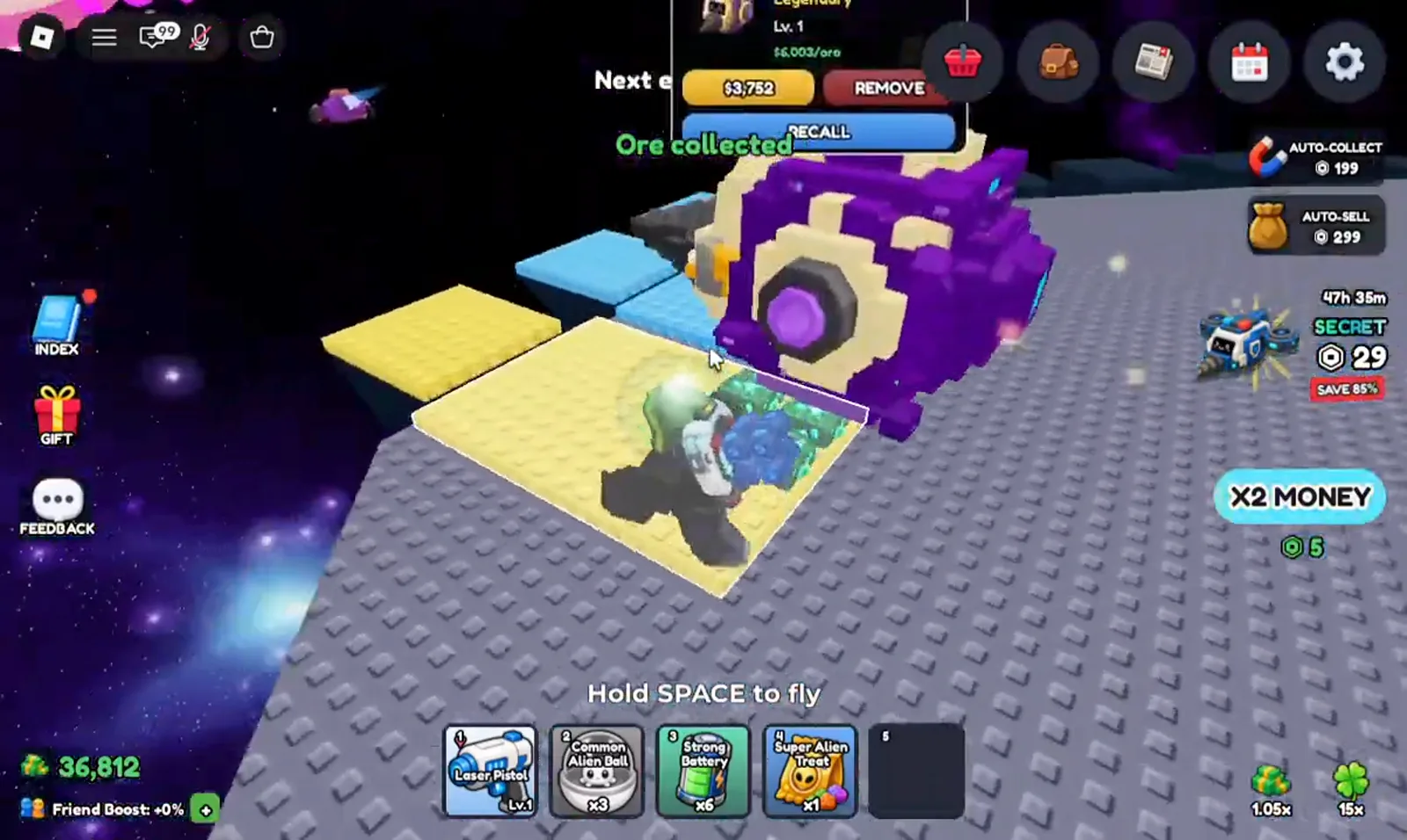 Mine a Planet Legendary Drillium ore collection popup with sell value shown before pressing E Collect