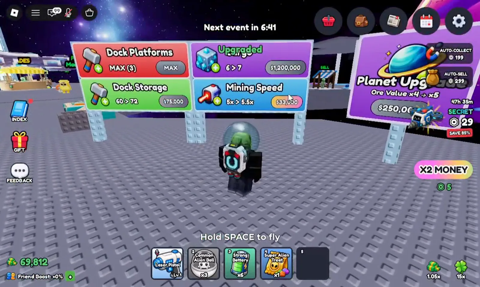 Mine a Planet Dock Platforms upgrade sign showing level increase from 2 to 3 with a cash price tag