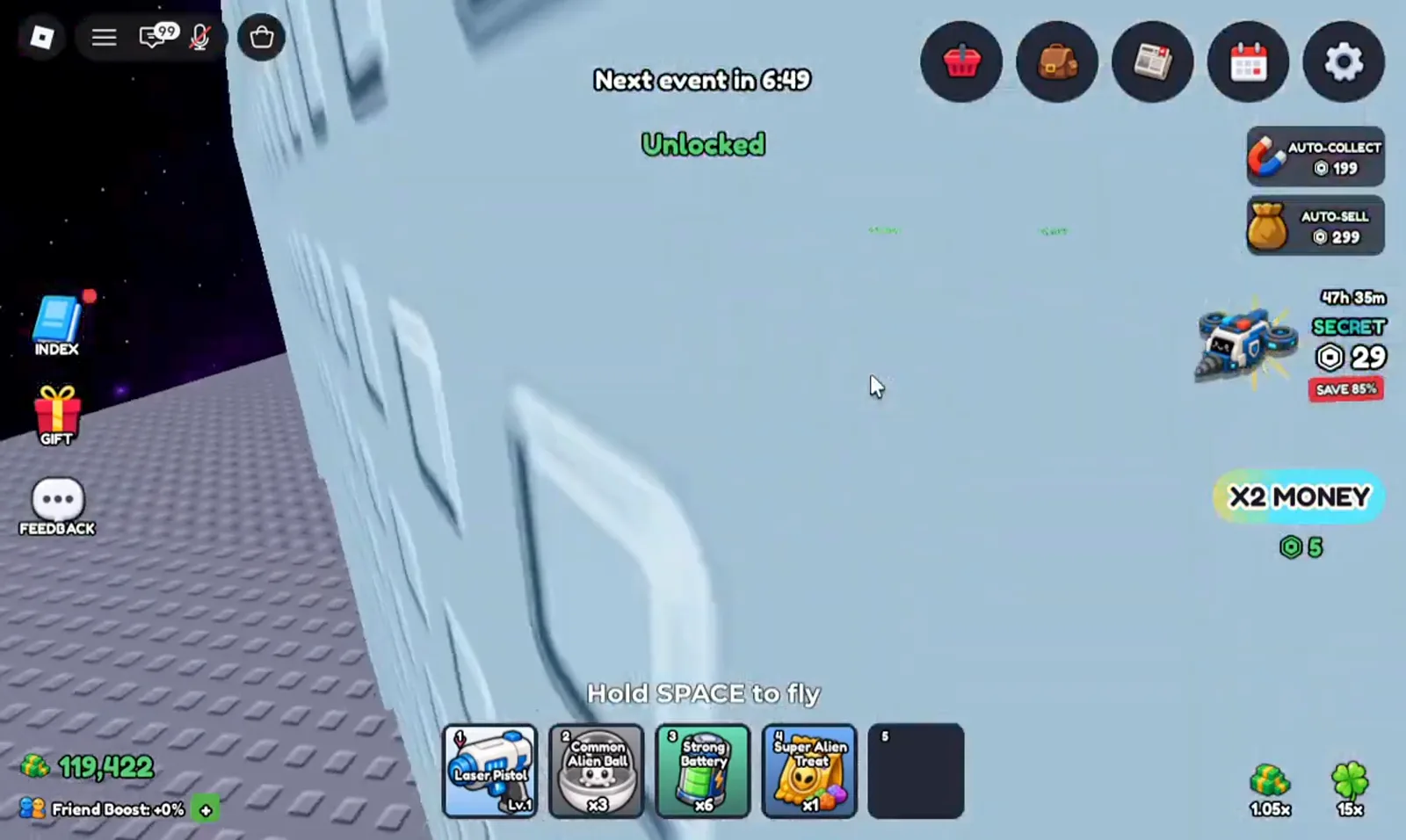 Mine a Planet dock platform with green and blue ore blocks ready to collect using the E Collect prompt