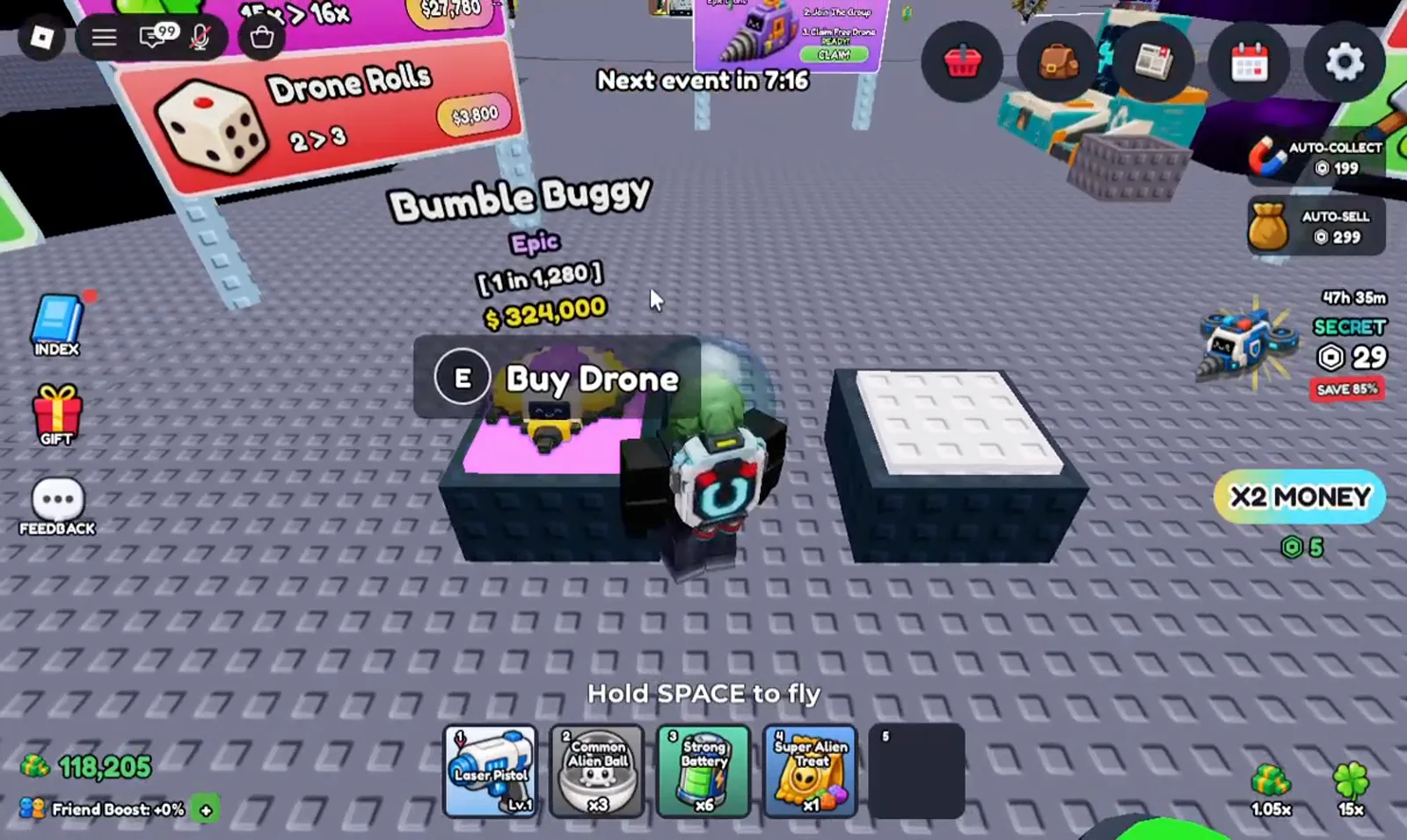Mine a Planet Roblox Drone Rolls station showing an Epic Bumble Buggy drone with 1 in 1280 odds and the E Buy Drone prompt