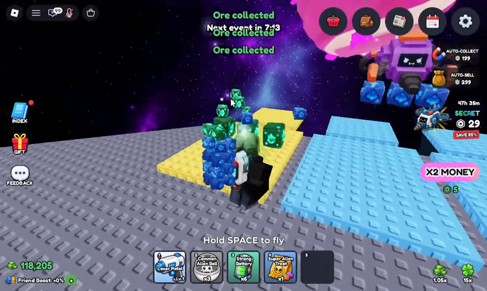Mine a Planet sell notification showing Sold plus cash earned after pressing Sell All at the ore vendor stall